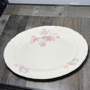 VTG Edwin M. Knowles china oval platter gold edge Semi Vitreous Floral Pink